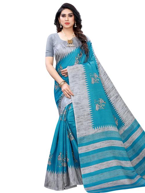 turquoise silk blend printed saree with blouse - 17609612 - Very Small Image - 1