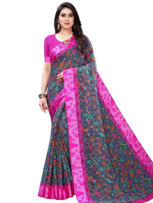 floral printed saree with blouse - 17609679 - Very Small Image - 1