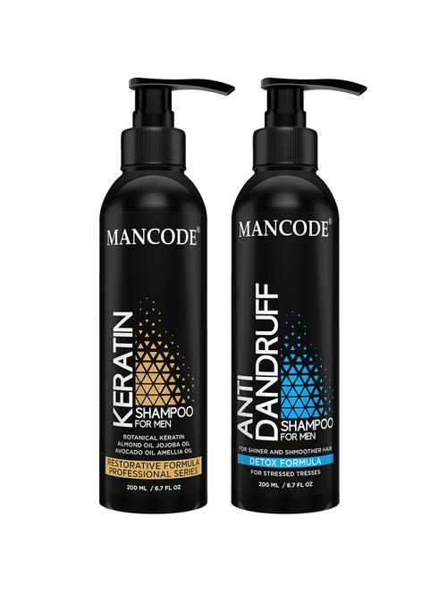 mancode keratin shampoo 200l + anti dandruff shampoo 200ml for men, repairs damaged hair, strengthens weak hair, fights friz - 17609792 - Very Small Image - 1