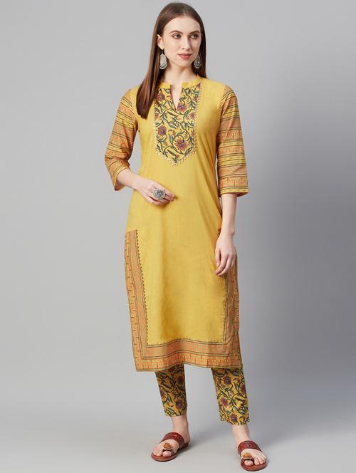 yellow cotton straight kurta - 17609868 - Very Small Image - 1