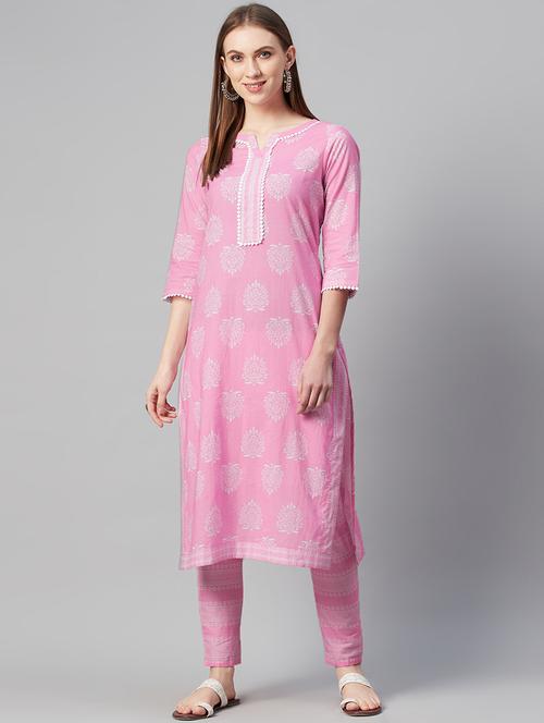 pink cotton straight kurta - 17609889 - Very Small Image - 1