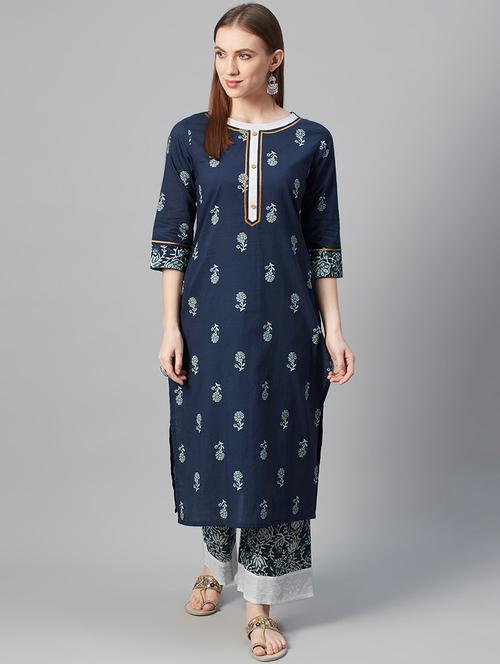 navy cotton straight kurta - 17609894 - Very Small Image - 1