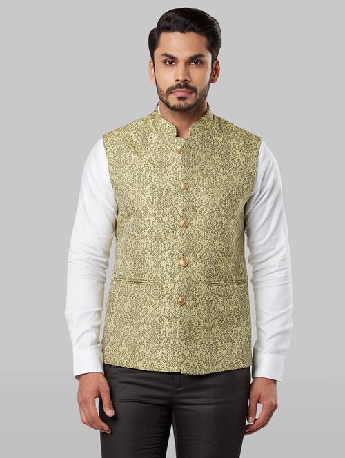olive green jacquard nehru jacket - 17609991 - Very Small Image - 1