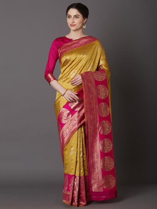 women's self design yellow colored saree with blouse - 17610395 - Very Small Image - 1