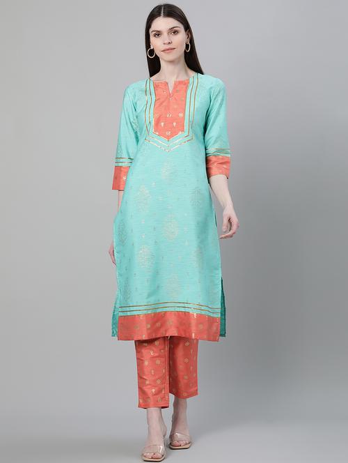 turquoise art silk kurta pant set - 17610506 - Very Small Image - 1