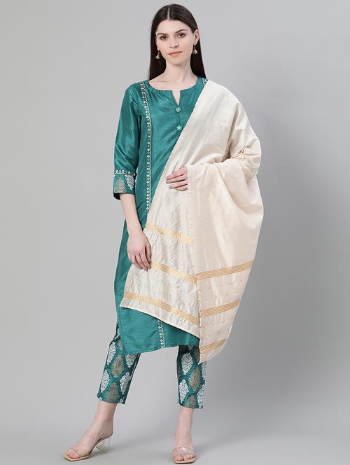 women three quarter sleeve kurta pant with dupatta set - 17610516 - Very Small Image - 1