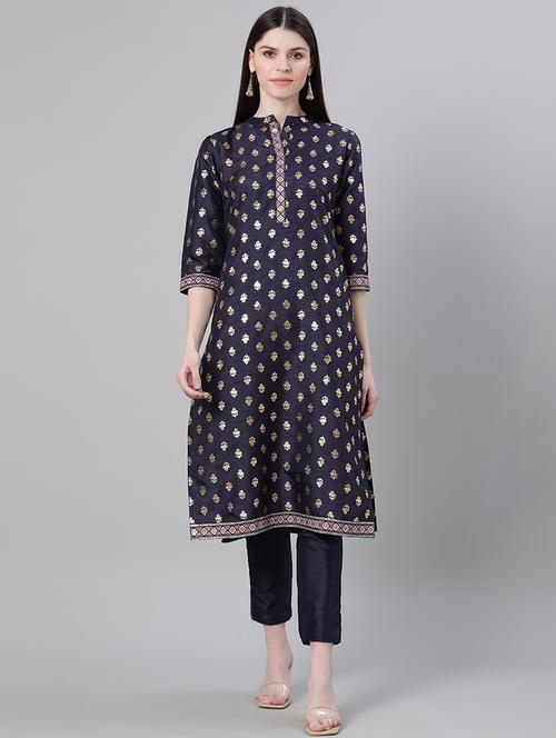 navy art silk straight kurta - 17611005 - Very Small Image - 1