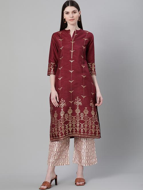 maroon art silk straight kurta - 17611020 - Very Small Image - 1
