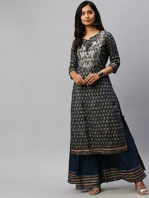 navy cotton kurta palazzo set - 17611251 - Very Small Image - 1