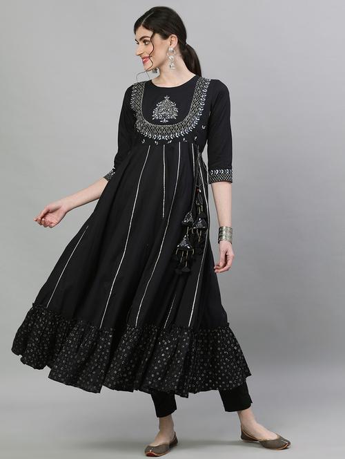 navy cotton anarkali kurta - 17611381 - Very Small Image - 1
