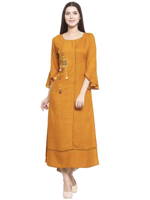 yellow rayon straight kurta - 17611479 - Very Small Image - 1