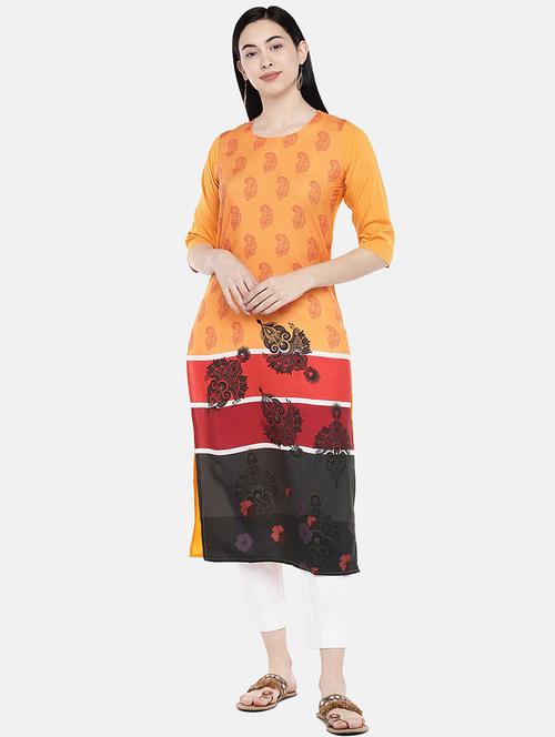 orange crepe straight kurta - 17611570 - Very Small Image - 1