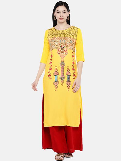 yellow crepe straight kurta - 17611571 - Very Small Image - 1