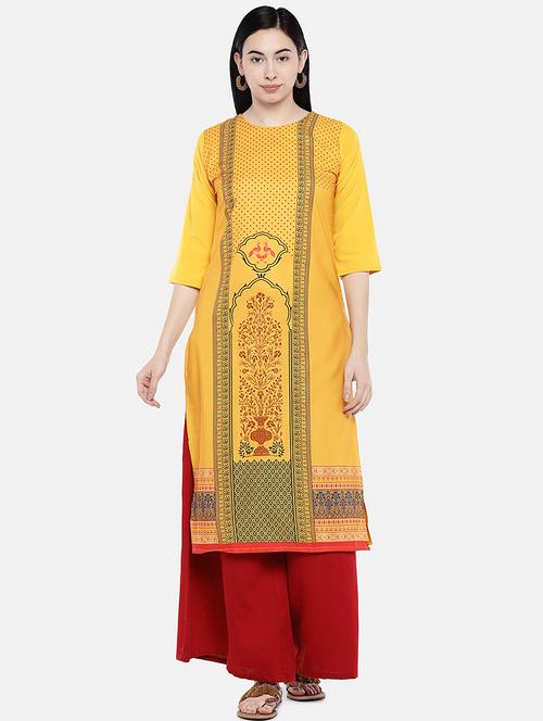yellow crepe straight kurta - 17611575 - Very Small Image - 1
