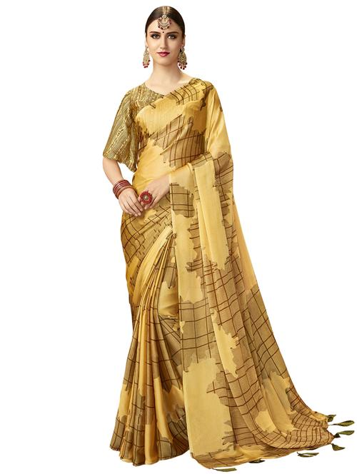 yellow chiffon printed saree with blouse - 17612082 - Very Small Image - 1