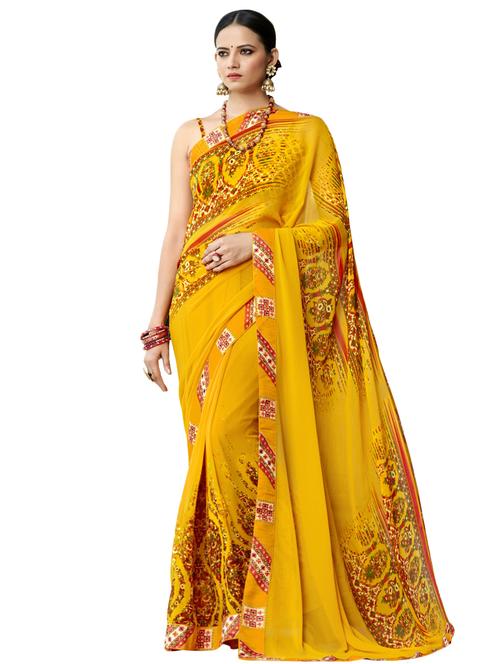 yellow georgette printed saree with blouse - 17612227 - Very Small Image - 1