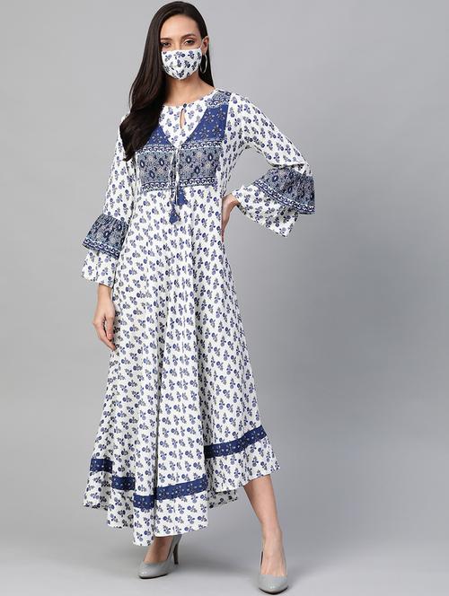 printed flared ethnic dress with face mask - 17612717 - Very Small Image - 1