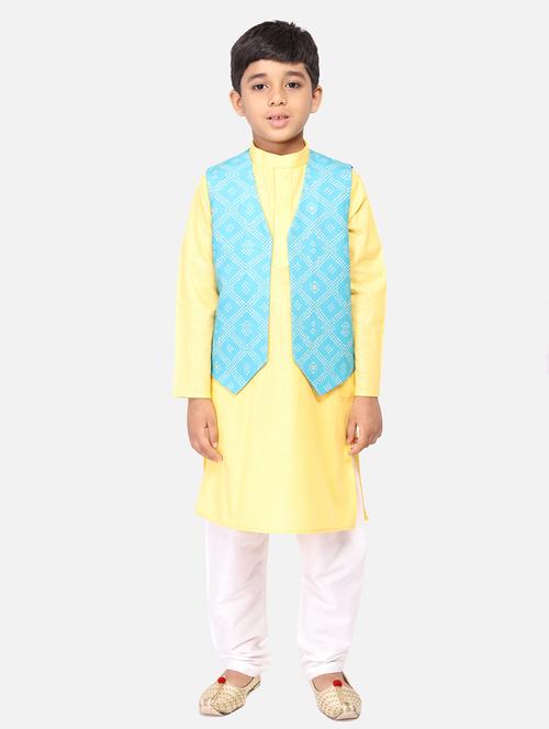 yellow cotton kurta sets with nehru jacket - 17612995 - Very Small Image - 1