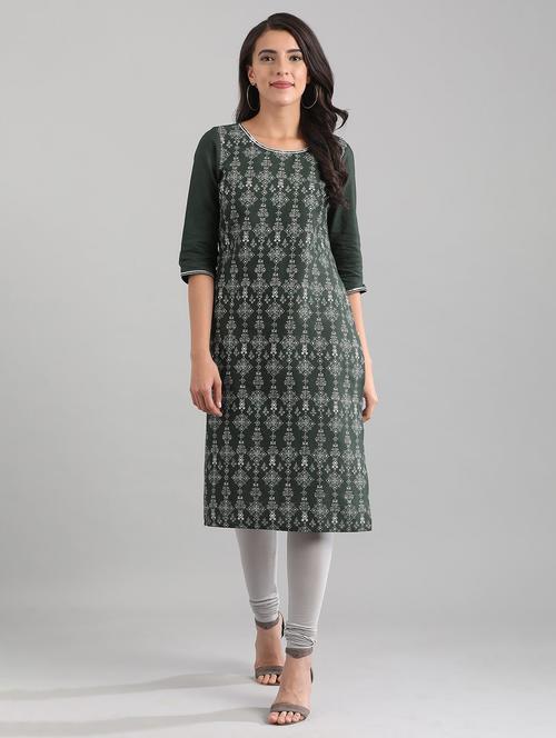 green cotton straight kurta - 17614206 - Very Small Image - 1
