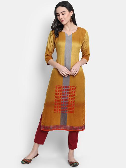 yellow rayon straight kurta - 17616049 - Very Small Image - 1