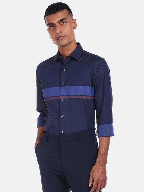 navy blue striped formal shirt - 17618773 - Very Small Image - 1