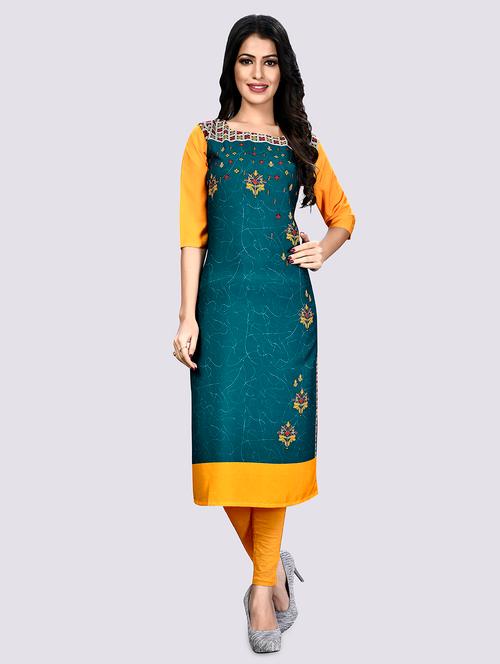 turquoise crepe straight kurta - 17619170 - Very Small Image - 1