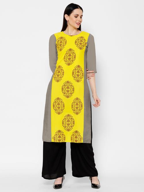 yellow crepe straight kurta - 17619287 - Very Small Image - 1