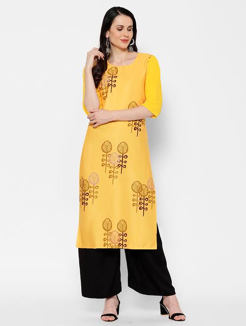 yellow crepe straight kurta - 17619326 - Very Small Image - 1