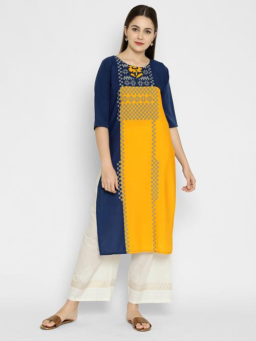 yellow crepe straight kurta - 17619417 - Very Small Image - 1