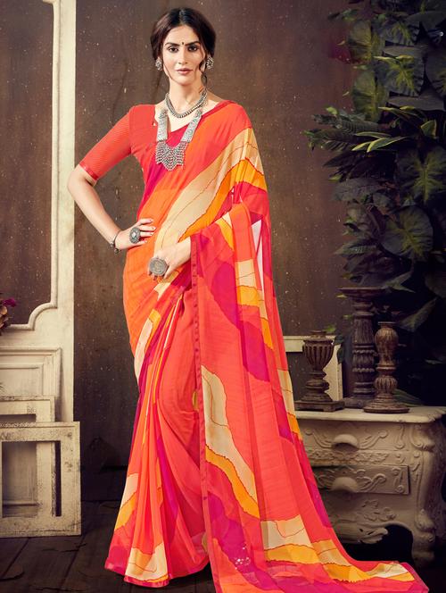 orange georgette printed saree with blouse - 17620982 - Very Small Image - 1