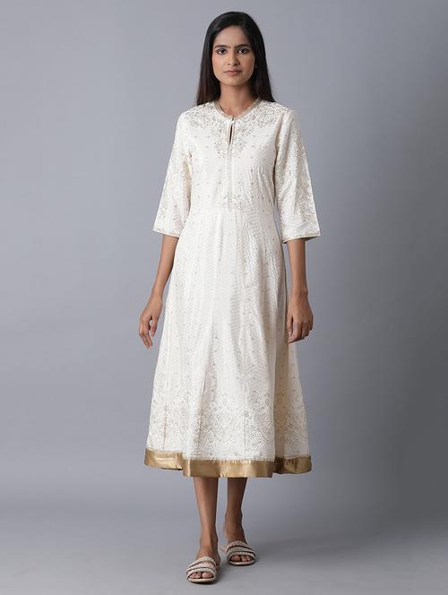 beige printed flared ethnic dress - 17627050 - Very Small Image - 1
