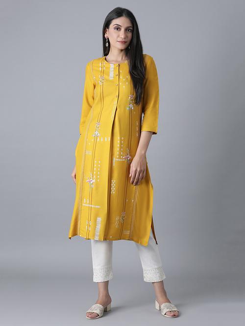 yellow viscose straight kurta - 17627260 - Very Small Image - 1