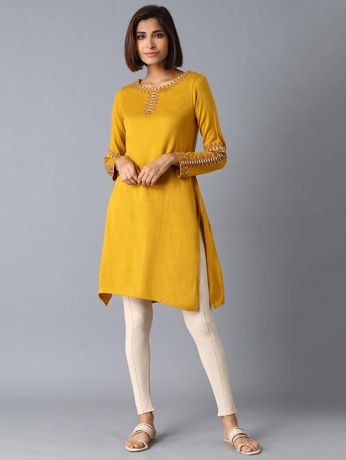 yellow viscose straight kurta - 17627382 - Very Small Image - 1