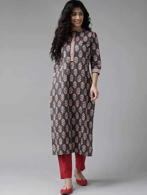 grey cotton straight kurta - 17628007 - Very Small Image - 1