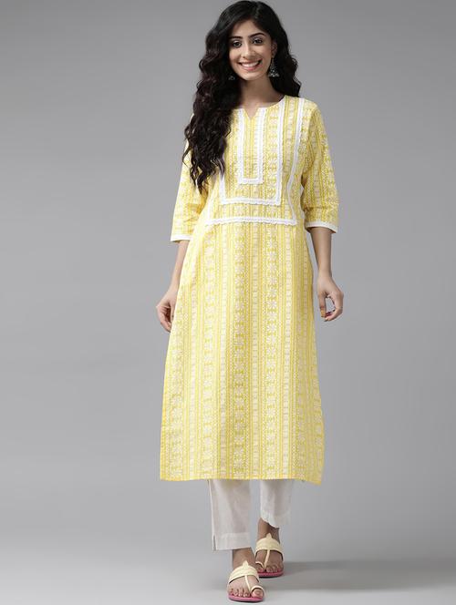 yellow cotton straight kurta - 17628018 - Very Small Image - 1