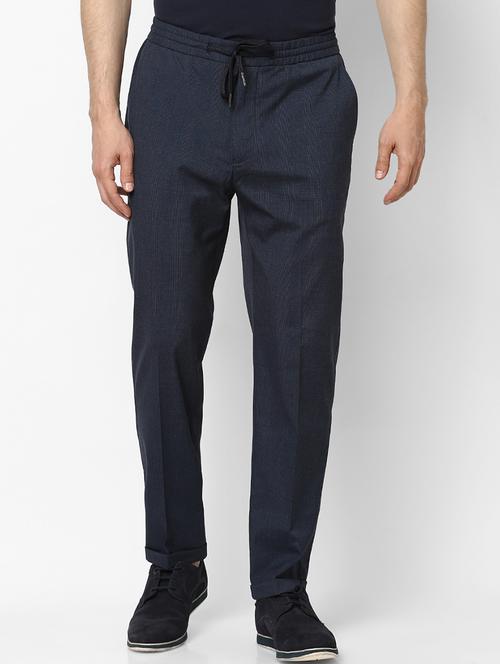 navy blue checkered flat front casual trouser - 17628525 - Very Small Image - 1