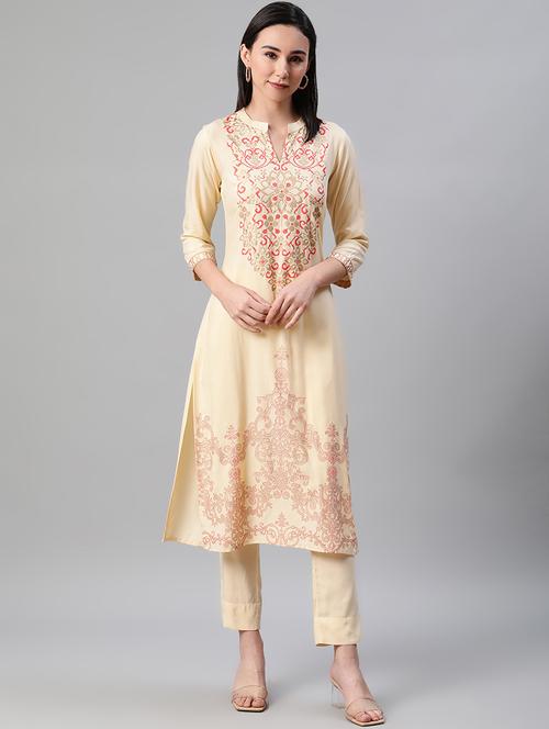 cream rayon kurta pant set - 17628643 - Very Small Image - 1