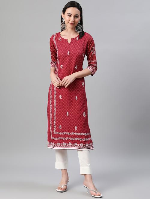 red rayon kurta pant set - 17628659 - Very Small Image - 1