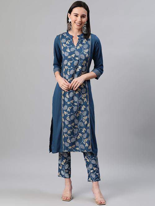 teal rayon kurta pant set - 17628662 - Very Small Image - 1