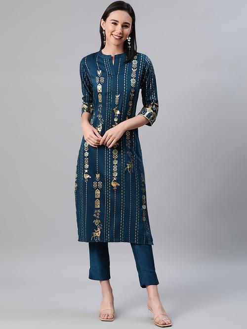 teal rayon kurta pant set - 17628665 - Very Small Image - 1