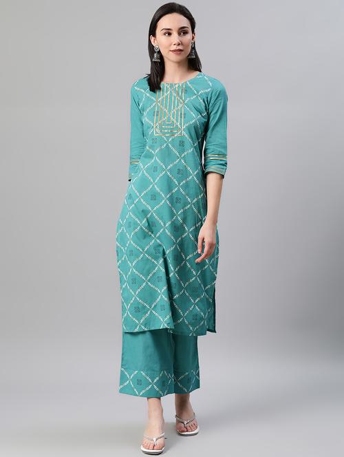 teal cotton kurta palazzo set - 17628688 - Very Small Image - 1
