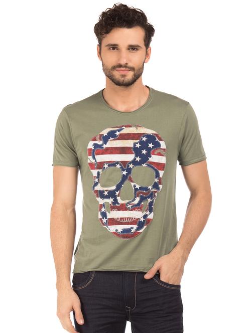 olive green front print t-shirt - 17631084 - Very Small Image - 1
