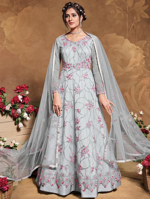 grey net semistitched suit - 17633001 - Very Small Image - 1