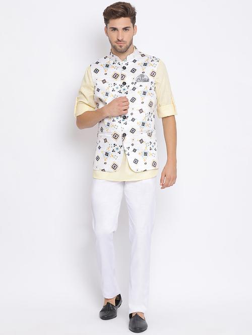 yellow solid silk blend kurta pant set with printed nehru jacket - 17633313 - Very Small Image - 1