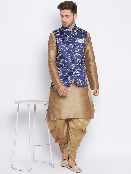beige solid silk blend dhoti kurta set with printed nehru jacket - 17633331 - Very Small Image - 1