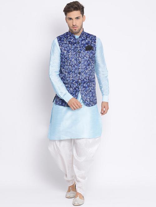 blue dhoti kurta set with blue printed nehru jacket - 17633341 - Very Small Image - 1