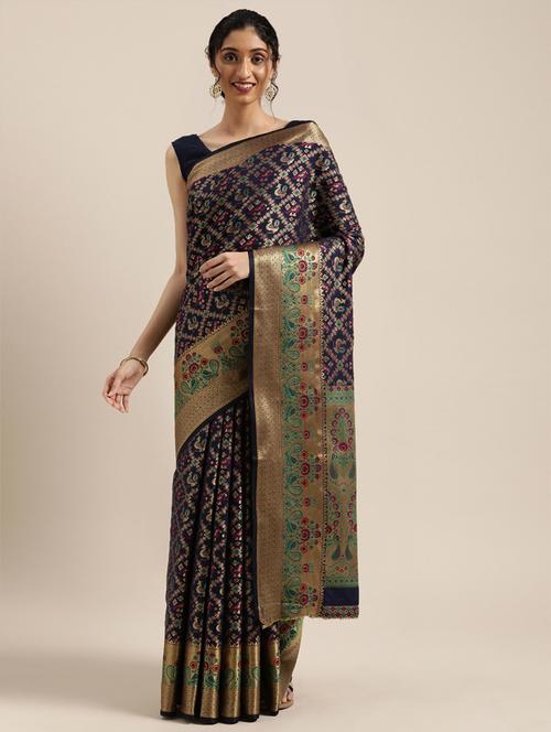 ethnic motifs woven saree with blouse - 17633629 - Very Small Image - 1