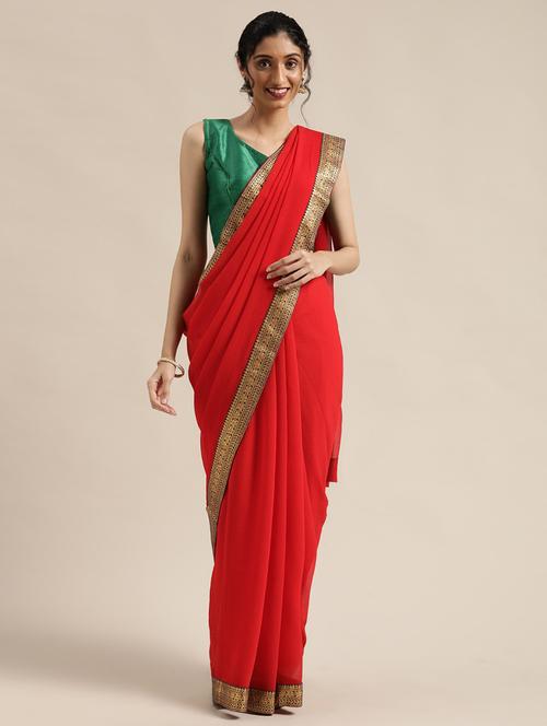 solid bordered saree with blouse - 17633632 - Very Small Image - 1