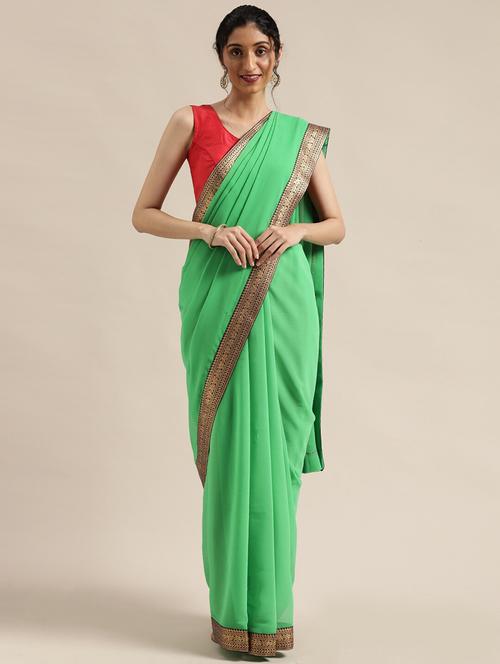 solid bordered saree with blouse - 17633633 - Very Small Image - 1