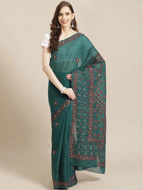 ada hand-embroidered green chikankari saree with blouse - 17642024 - Very Small Image - 1